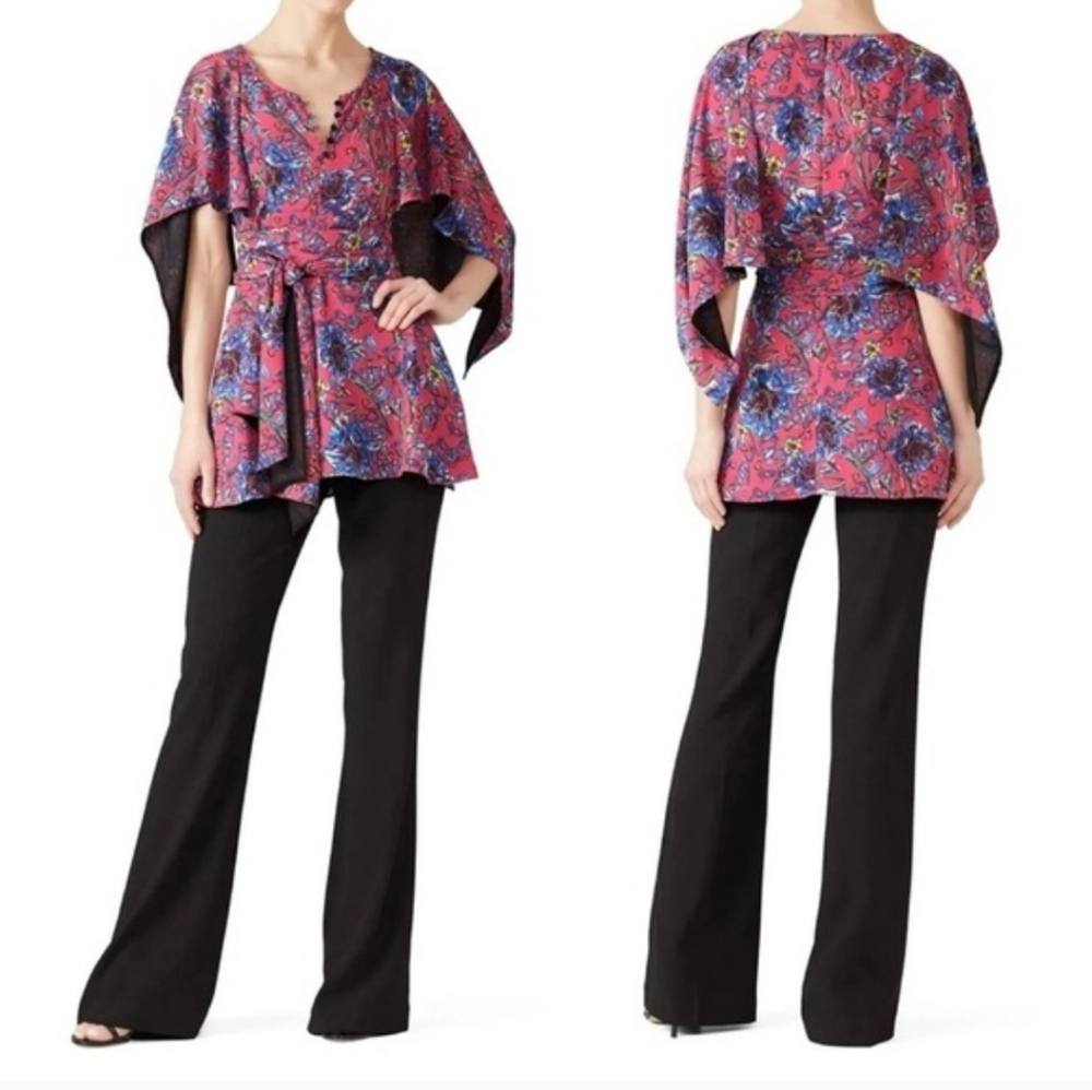 Prabal Gurung Floral Cape-Sleeve Belted Floral Pink Wrap-Front Tunic Top Size 6
